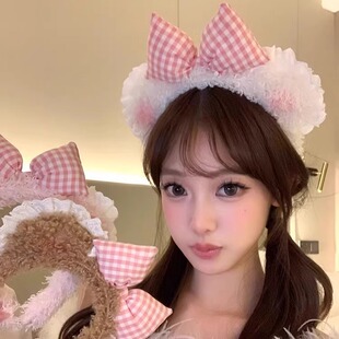 可爱粉色蝴蝶结毛绒发箍女小熊蕾丝边洗脸头箍高颅顶发卡头饰发饰