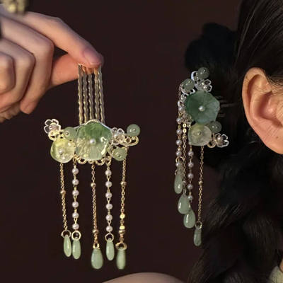 夏日荷花流苏U形发钗汉服头饰