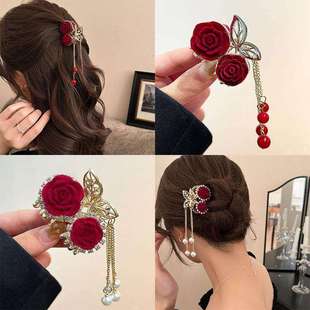 新年红色玫瑰花珍珠流苏小抓夹女精致扎马尾发夹子新娘发卡子头饰