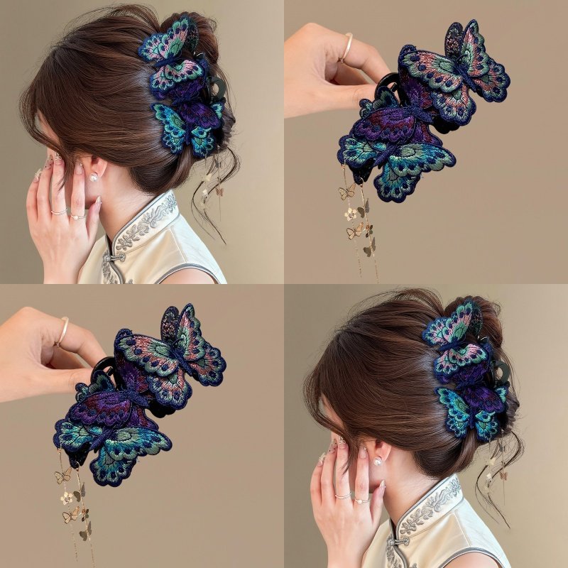 复古刺绣焕彩蝴蝶抓夹女流苏民族风2025新款盘发夹鲨鱼夹古风头饰