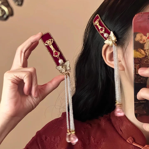 新中式红色蝴蝶珍珠流苏旗袍发夹