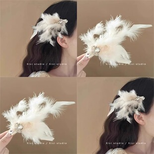 超仙白色天鹅妆羽毛发夹女刘海侧边发卡夹子大号网红拍照头饰发饰