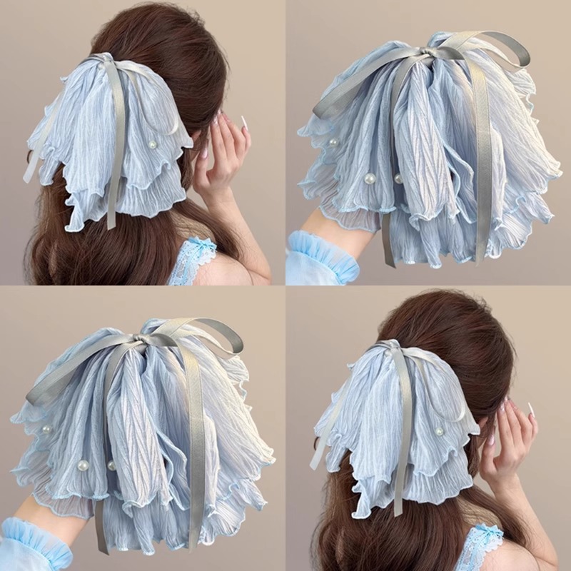 流光蓝冰蓝色蝴蝶结珍珠抓夹女高级感飘带马尾半扎发绳旅行发卡女