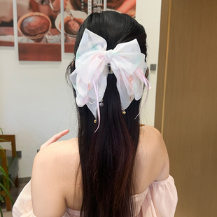 雪纺网纱百搭法式蝴蝶结飘带抓夹发饰发夹半扎发高马尾鲨鱼夹头饰