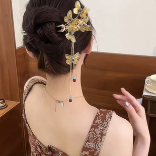 新中式金色蝴蝶流苏发簪复古国风气质汉服旗袍盘发U型发钗发饰女