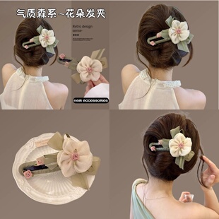 超仙森系花朵发夹女后脑勺超仙盘发鸭嘴夹大号头饰半扎一字夹抓夹