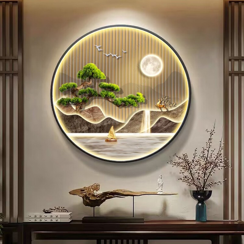 玄关装饰画高级感带灯大气山水画客厅挂画寓意好圆形壁画流水生财图片