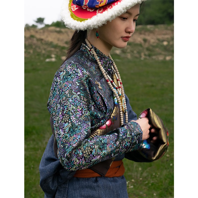 满庭芳/织锦缎上衣女士立领长袖 藏族传统藏装衬衣春秋季复古绣花