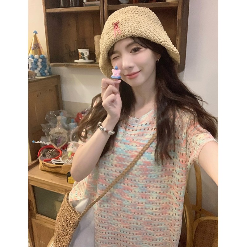 大码女装2024夏季胖mm甜美彩色针织镂空连衣裙+内搭吊带裙两件套
