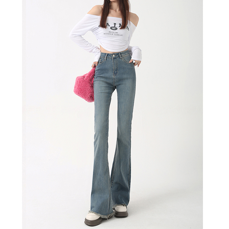 微胖穿搭大码微喇叭牛仔裤女胖妹妹高腰显瘦mm修身毛边弹力拖地裤