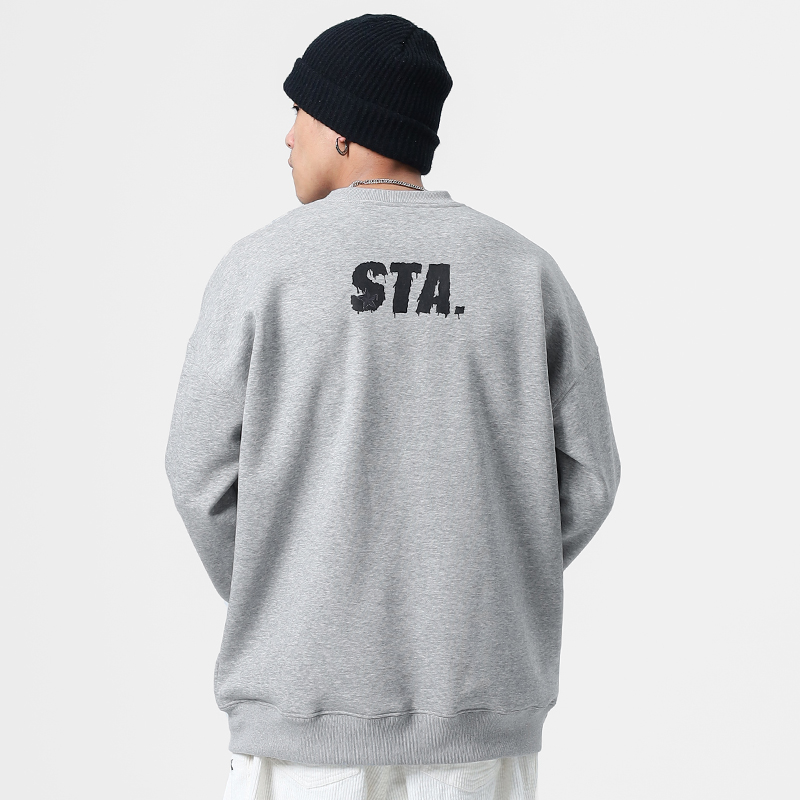 STA2023春秋融化星标无帽圆领套头厚棉T加绒国潮重磅宽松男女上衣