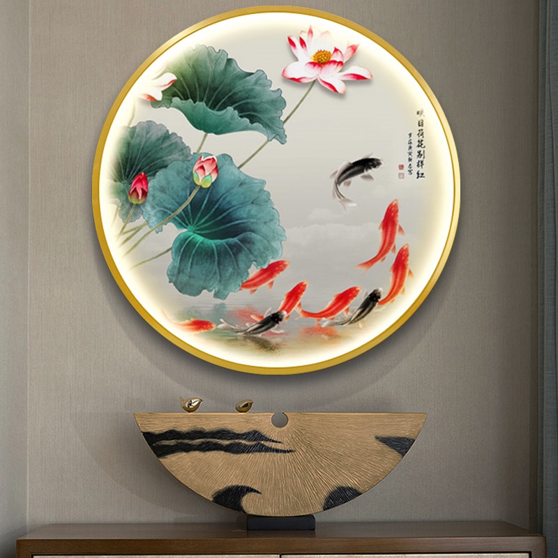 圆形九鱼图客厅玄关装饰画新中式荷花感应发光带灯画入户餐厅定做图片