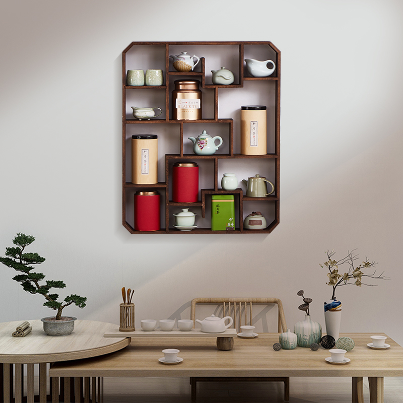 博古架实木中式挂墙茶杯架茶具架紫砂茶壶架墙上置物架展示架摆架