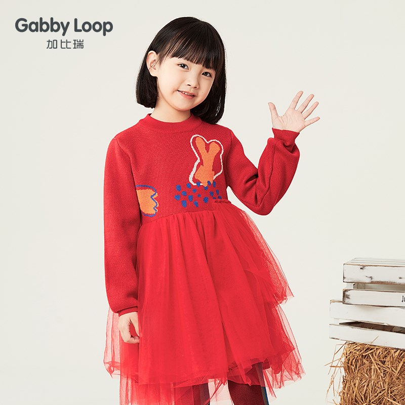 加比瑞春秋冬季新品红色女童绵羊毛连衣裙新年装喜庆中大儿童裙子
