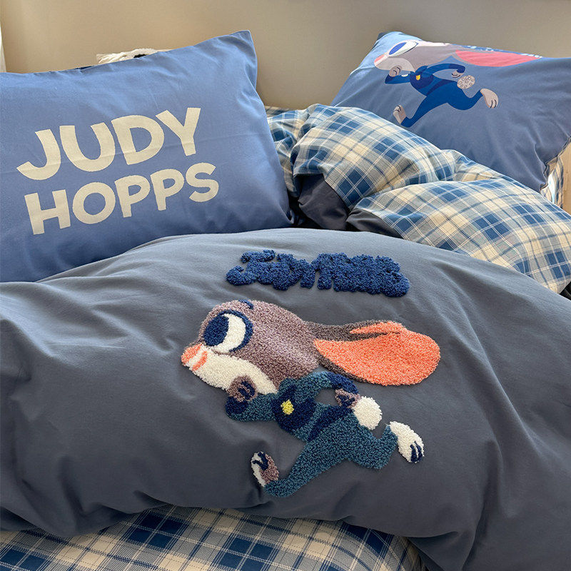 可爱兔子警官磨毛蓝格四件套全棉纯棉被套枕套床单加厚床笠床品,床上用品,床品套件/四件套/多件套,淘宝优惠券,粉丝福利购,淘宝优惠卷