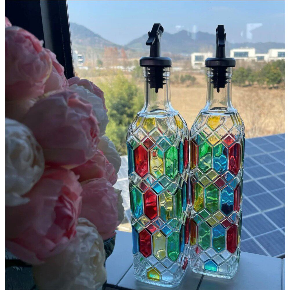 家用厨房复古醋瓶手绘油壶玻璃油瓶调味瓶酱油瓶方形食品级浮雕e