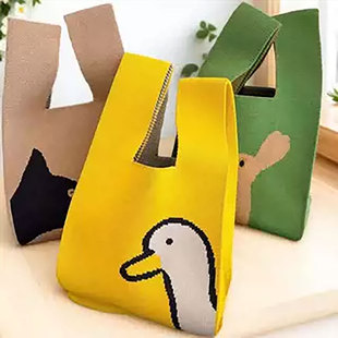 手提针织包伴手礼袋实用可爱熊猫小包包环保布袋手拎编织袋手腕包