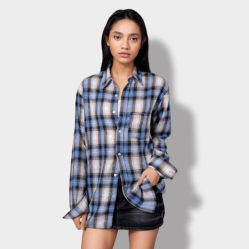 BFBF衬衫女2025新款春秋格纹衬衣美式复古休闲设计感百搭上衣外套