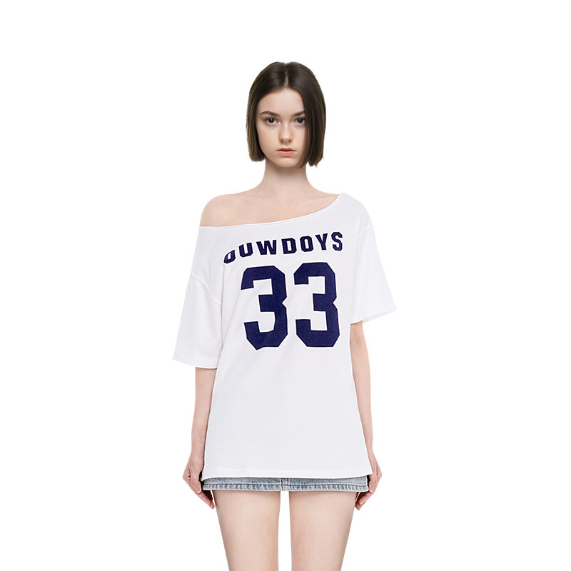 BF短袖t恤女2025新款夏季字母印花一字肩宽松bf慵懒风美式上衣