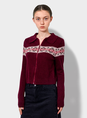 BF毛衣女红色毛衣2025新款冬季polo领拉链开衫复古高级感毛衣外套