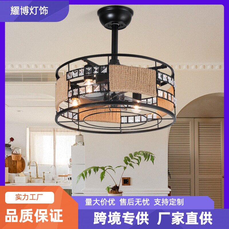 跨境美式复古吊扇工业铁艺卧室餐厅造型天花板一体吸顶吊顶风扇灯