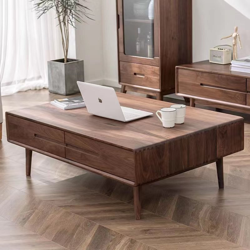 北欧黑胡桃木茶几日式带抽屉茶水桌客厅电视柜组合樱桃木方形茶桌