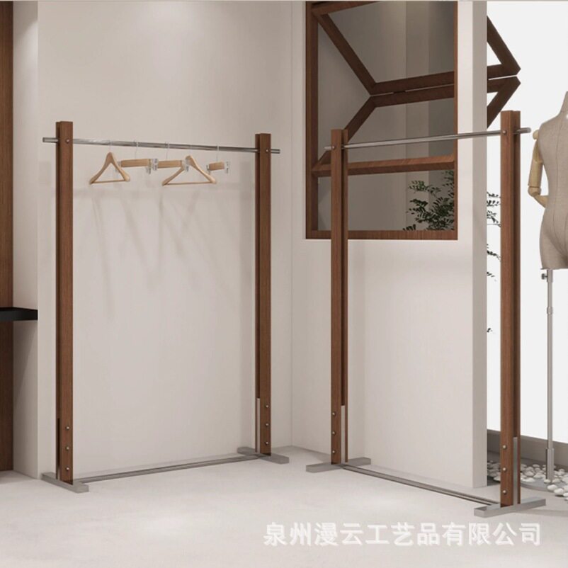 服装店展示架胡桃木色不锈钢货架中古风陈列架落地挂衣架中岛架子