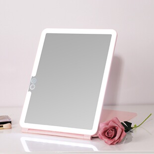 大号LED发光旅行便携化妆镜 充电款三色灯光翻盖折叠美妆镜带灯