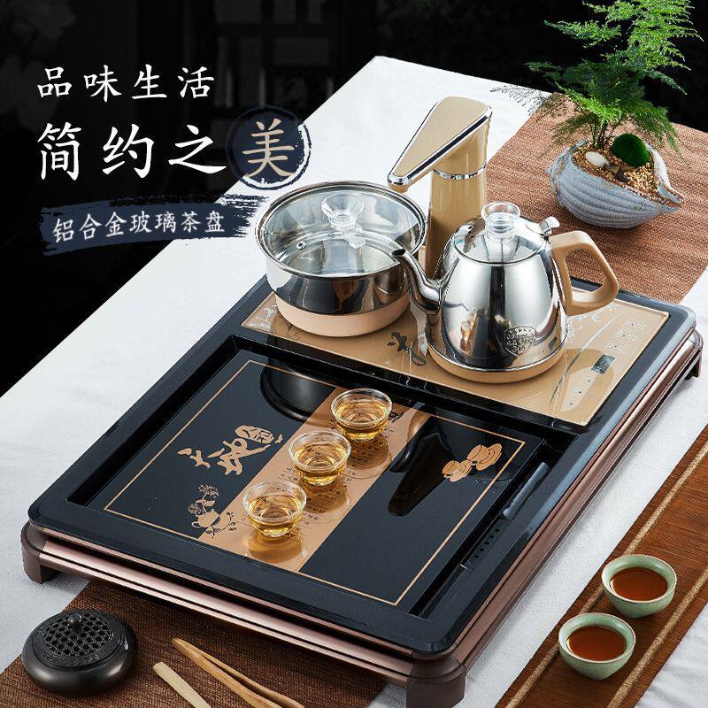 钢化玻璃茶盘带全自动烧水壶自动上水家用茶台一体茶具整套装茶海