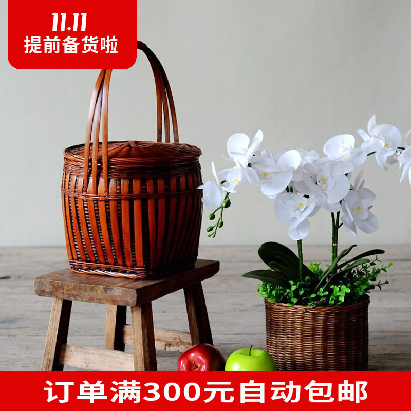 复古竹篮带盖子有提手做旧水果提篮外出竹编提手篮家用鸡蛋竹提篮