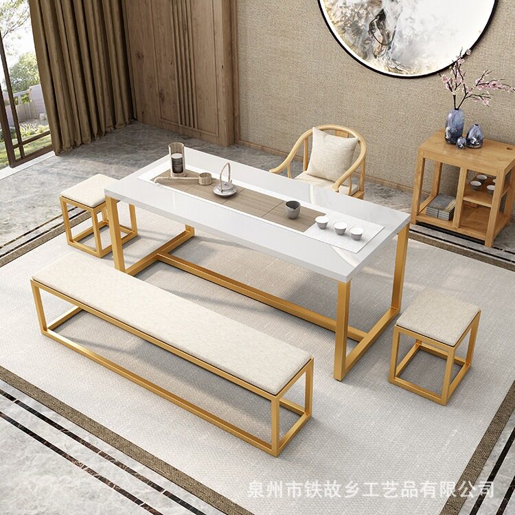 简约实木茶桌现代家用轻奢铁艺喝茶桌子套装办公会客茶桌椅组合