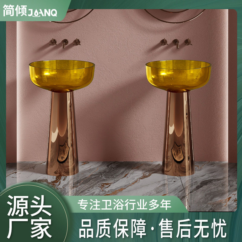 水转印人造石立柱盆简约北欧卫生间一体落地式洗漱盆透明树脂柱盆