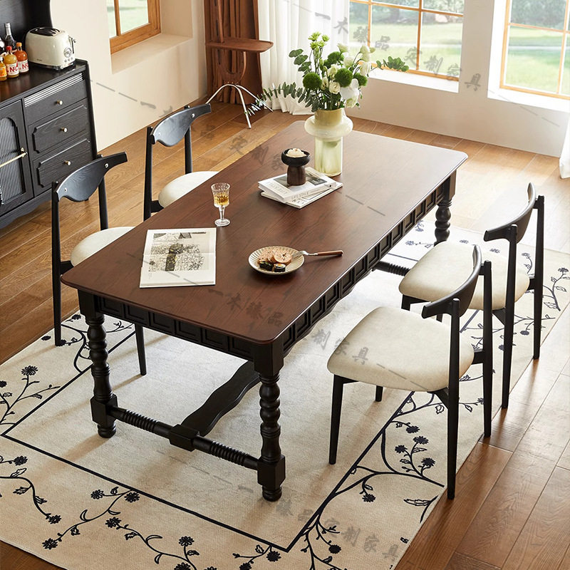 美式轻奢实木餐桌椅客厅中古风双色组合饭桌长方形法式复古写字台