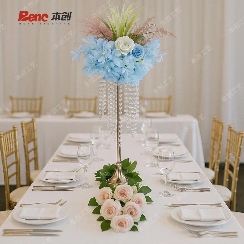 创意电镀金色路引仿真花花瓶铁艺水晶烛台婚礼道具装饰摆件批发