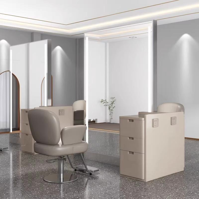 网红理发店镜台发廊单双面美发镜子带灯柜子一体落地剪发镜