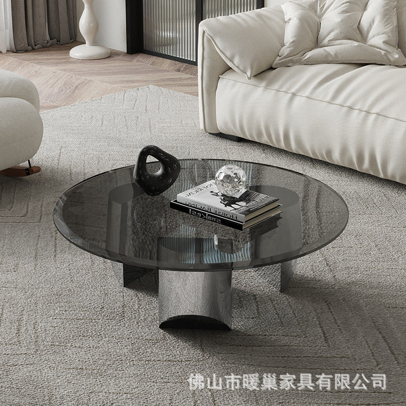 钢化玻璃茶几家用客厅酒店售楼处茶几桌意式轻奢不锈钢圆形茶几