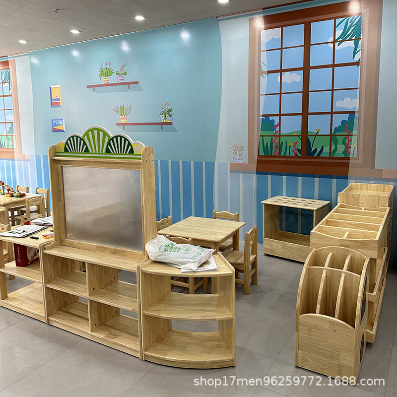 幼儿园儿童橡胶木水性漆家具组合柜学习桌椅组合书架收纳架美工柜
