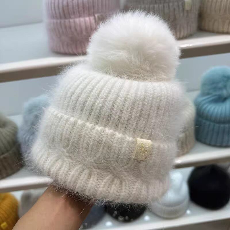 MJUK狐狸毛球帽子女冬天保暖大头围兔毛针织帽麻花条纹户外百搭帽
