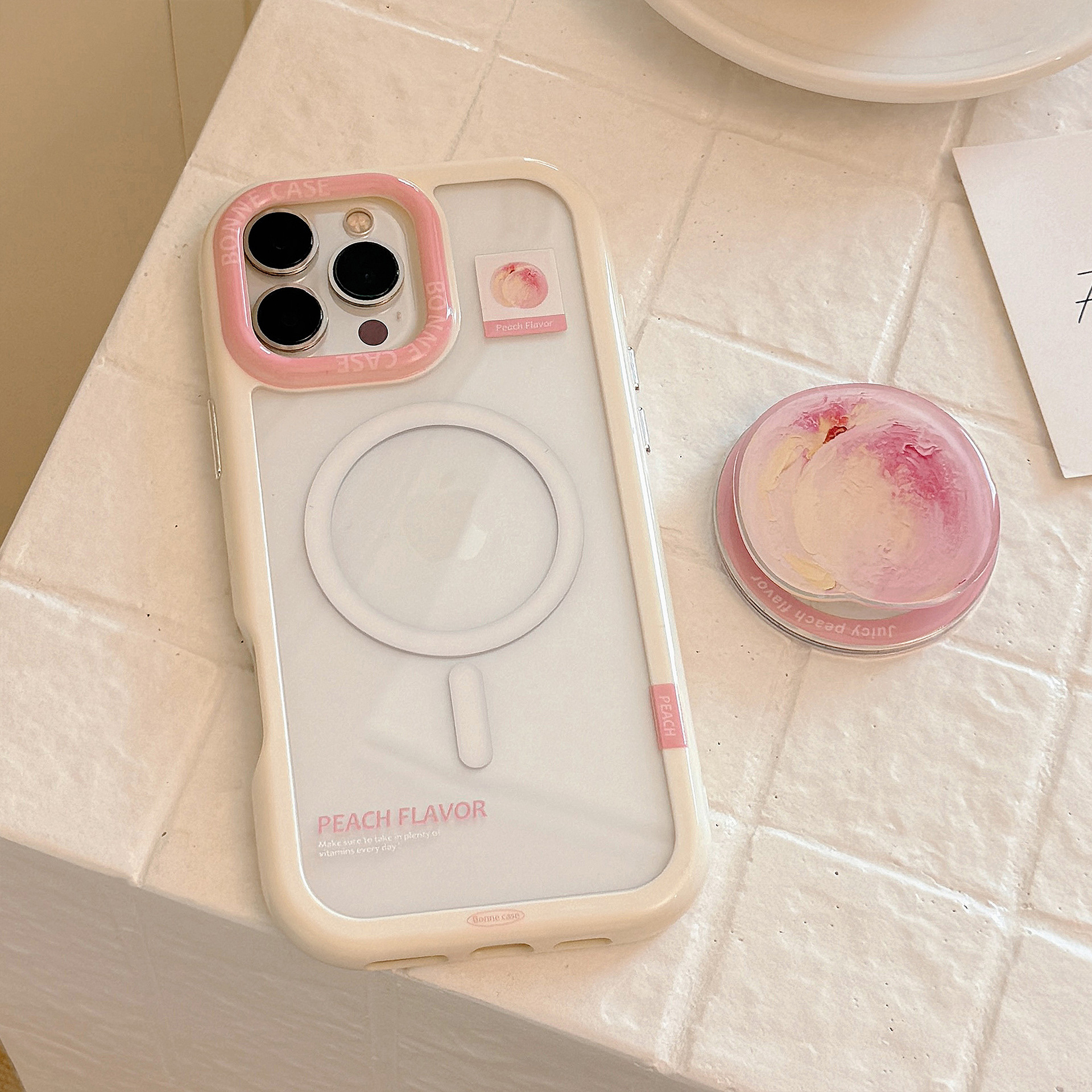 油画桃子磁吸支架16适用iPhone15ProMax苹果14手机壳13硬11亚克力