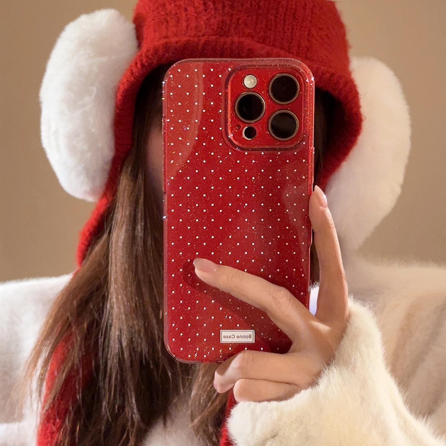 红色波点适用iphone16手机壳苹果15promax秋冬闪粉14简约13防摔软