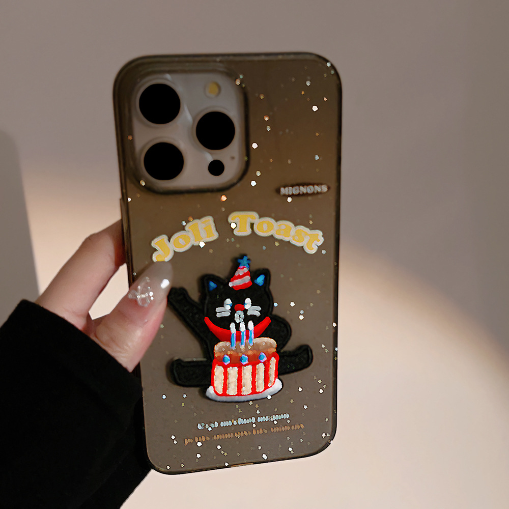 立体刺绣可爱猫咪适用iphone15手机壳14苹果16promax闪粉13防摔软