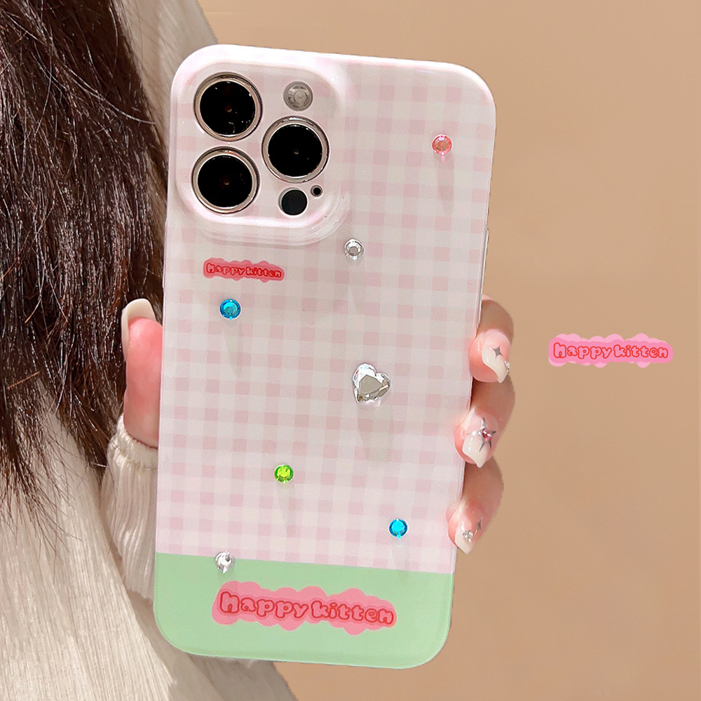 夏日粉绿格子贴钻苹果14ProMax手机壳iPhone13女11适用16菲林15硬
