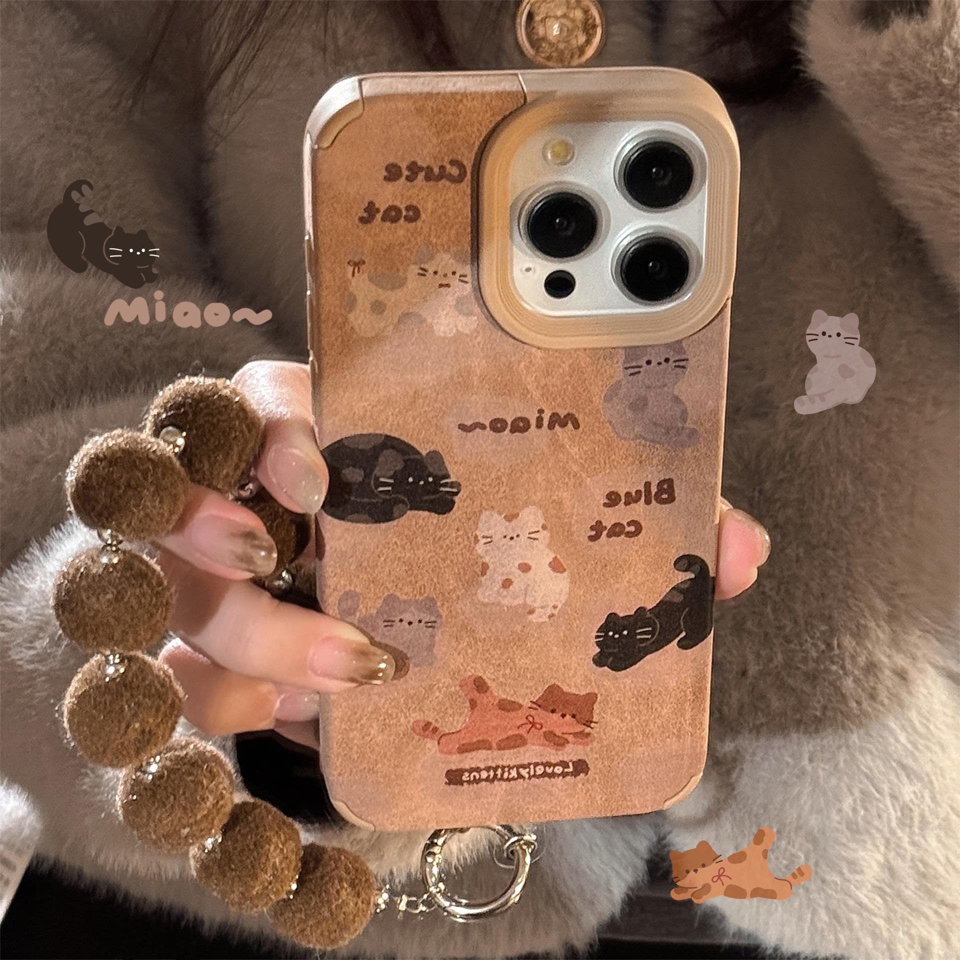 皮革卡通适用16promax苹果手机壳iphone15满屏猫咪14毛绒绳13秋冬