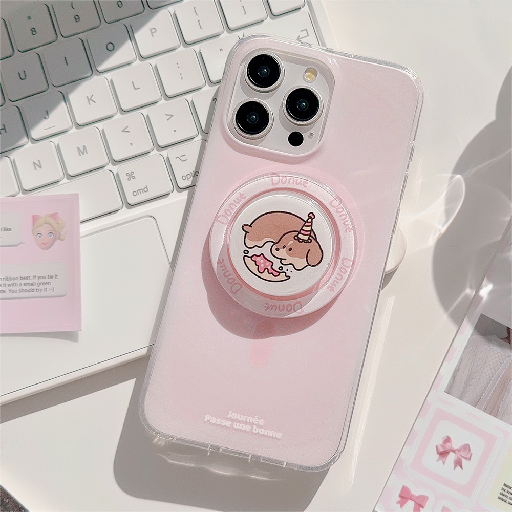 双层甜粉晕染适用手机壳13苹果14promax小狗磁吸支架iphone15软16