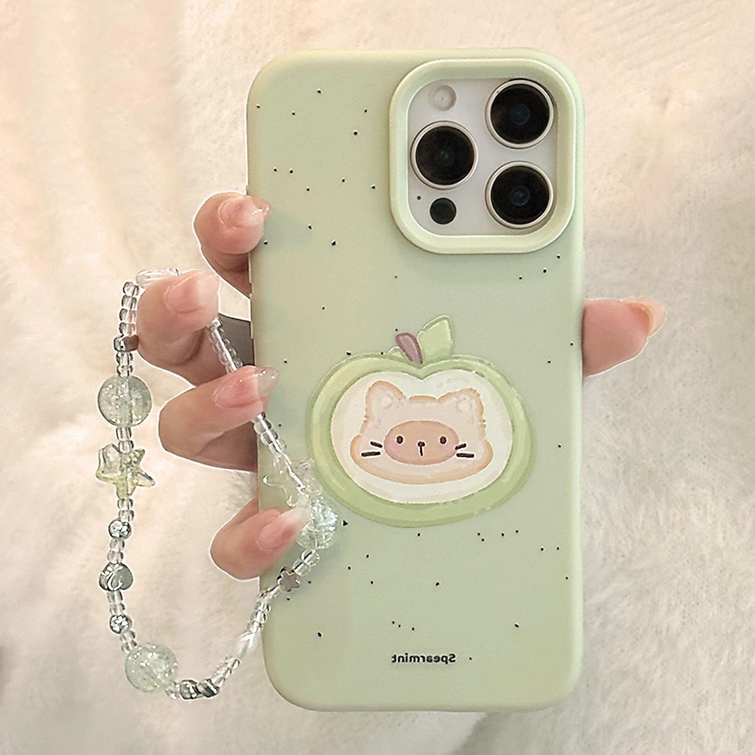 青苹果猫咪iphone16手机壳苹果15适用14promax挂链13卡通11硅胶软