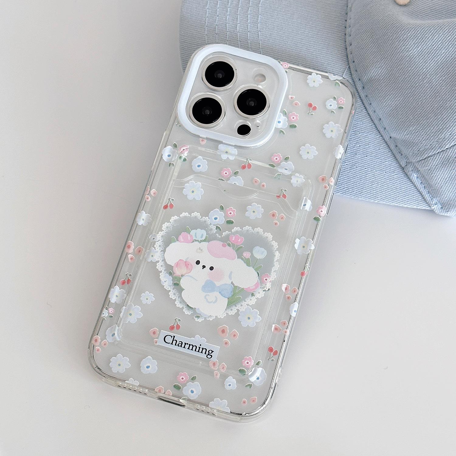 小清新花朵小狗卡包适用iphone16promax手机壳13苹果15软16韩系12