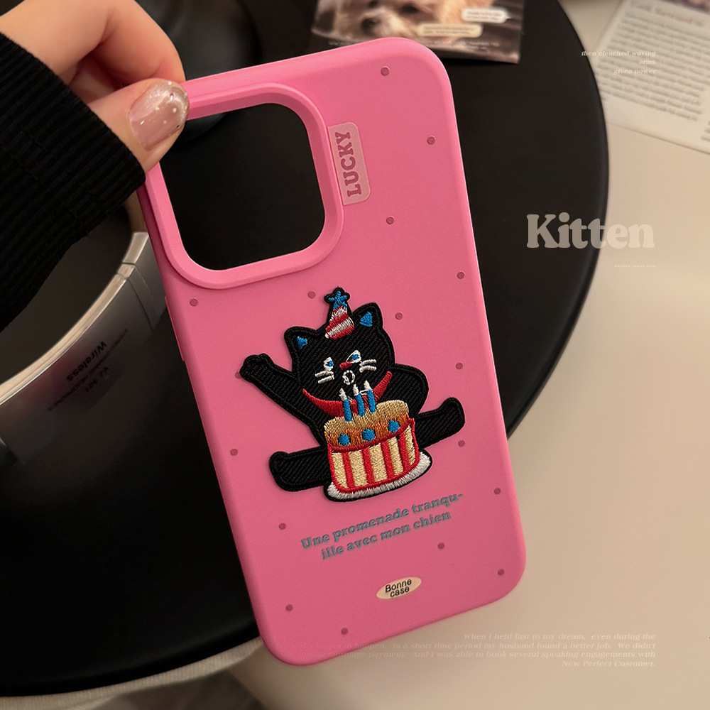 立体刺绣ins风黑猫卡通15pro max苹果16手机壳iphone14适用13硅胶