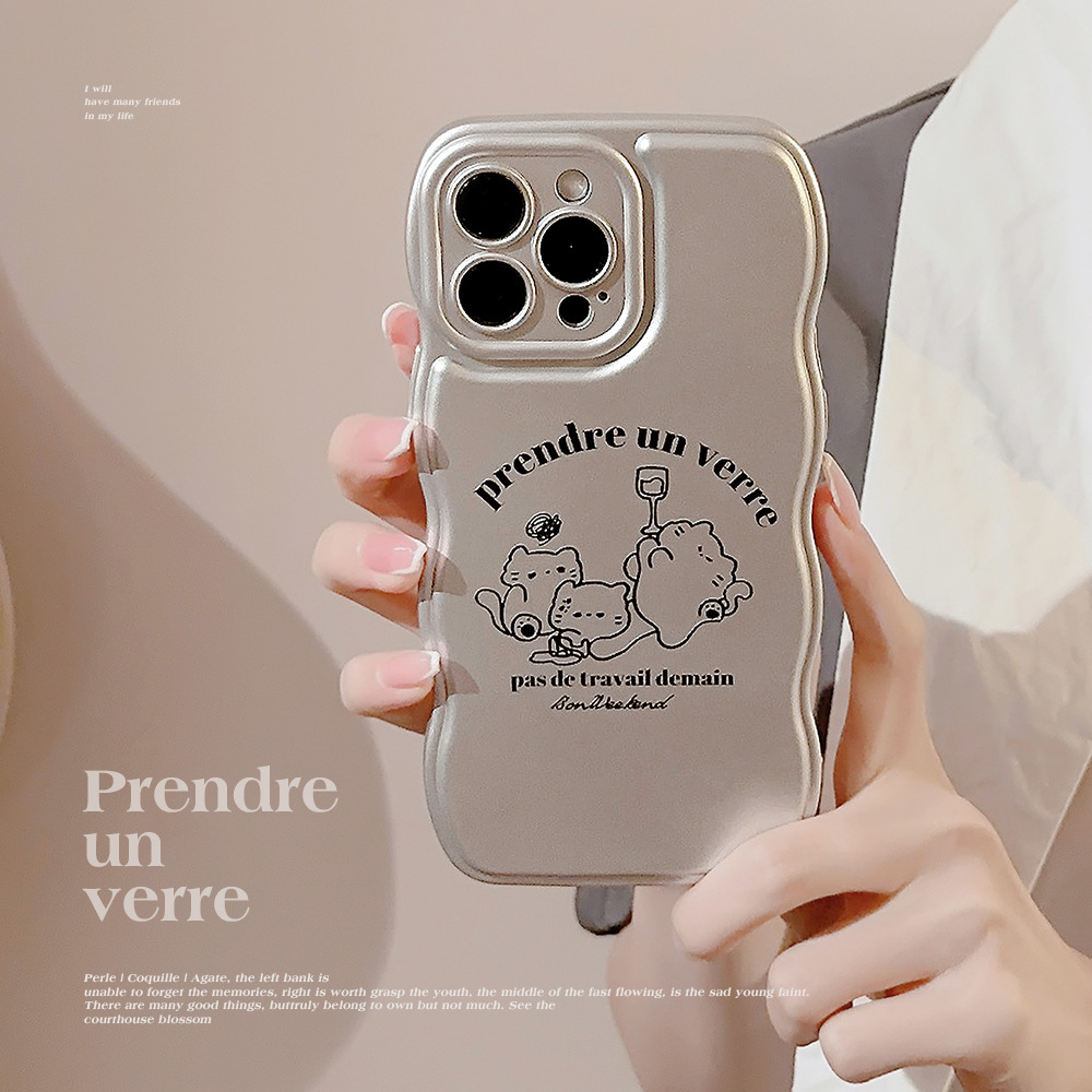 猫咪派对iphone15苹果14promax手机壳13电镀银适用11卡通16波浪边
