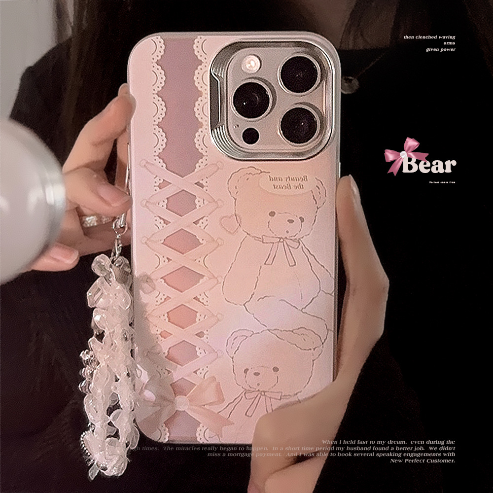 适用iphone15Promax甜心芭蕾小熊挂绳13苹果14手机壳12镭射11萌16