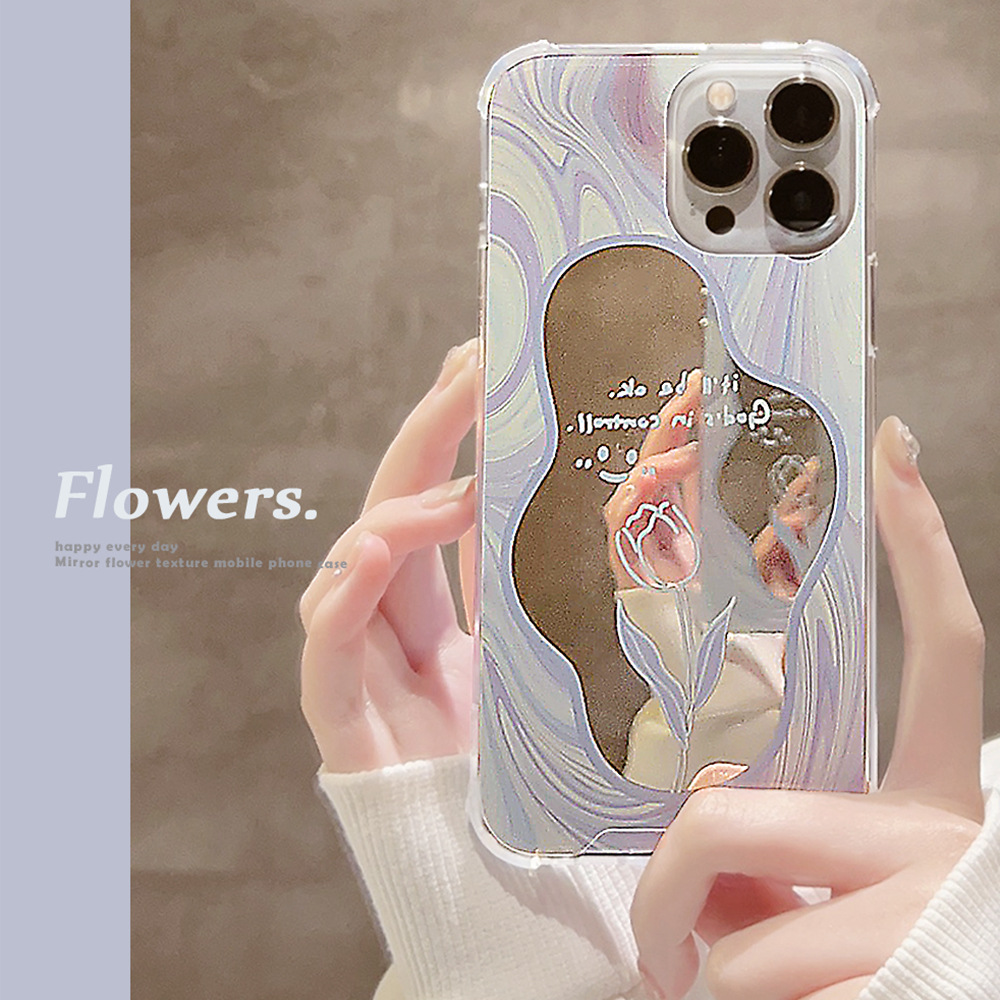 适用苹果15promax手机壳16大理石纹镜面花朵iphone13小众11防摔14